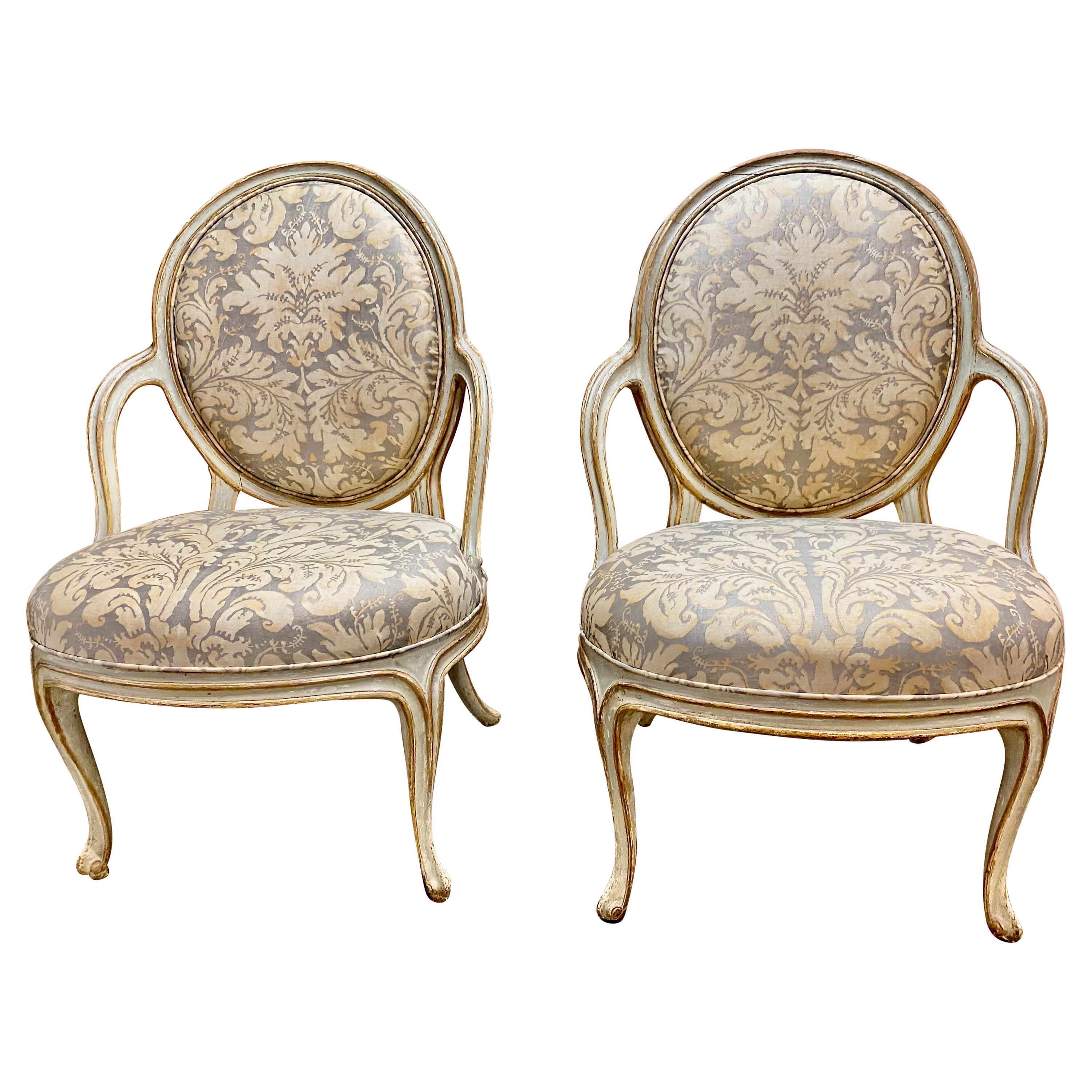 Pair George III Open Arm Chairs, Vintage Fortuny Upholstery