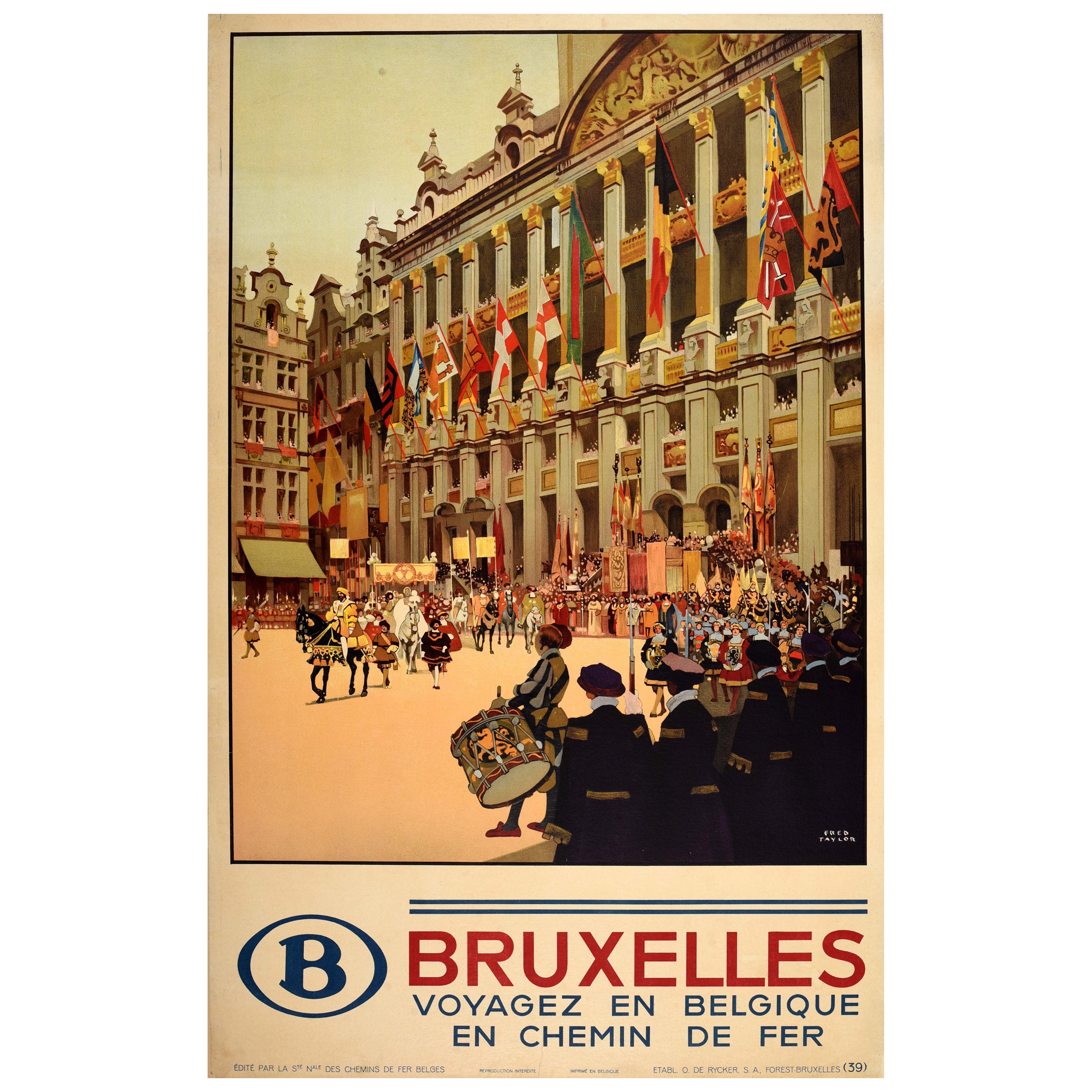 Original Vintage Travel Poster Brussels Bruxelles Belgian Railways Fred Taylor For Sale