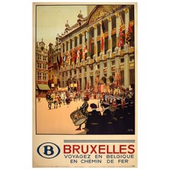 Affiche vintage originale de voyage Bruxelles Belgique des chemins de fer Fred Taylor