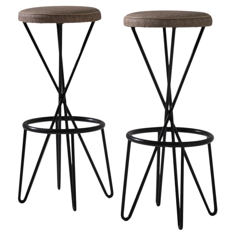 Set of two French Hairpin legged bar stools, 1950s