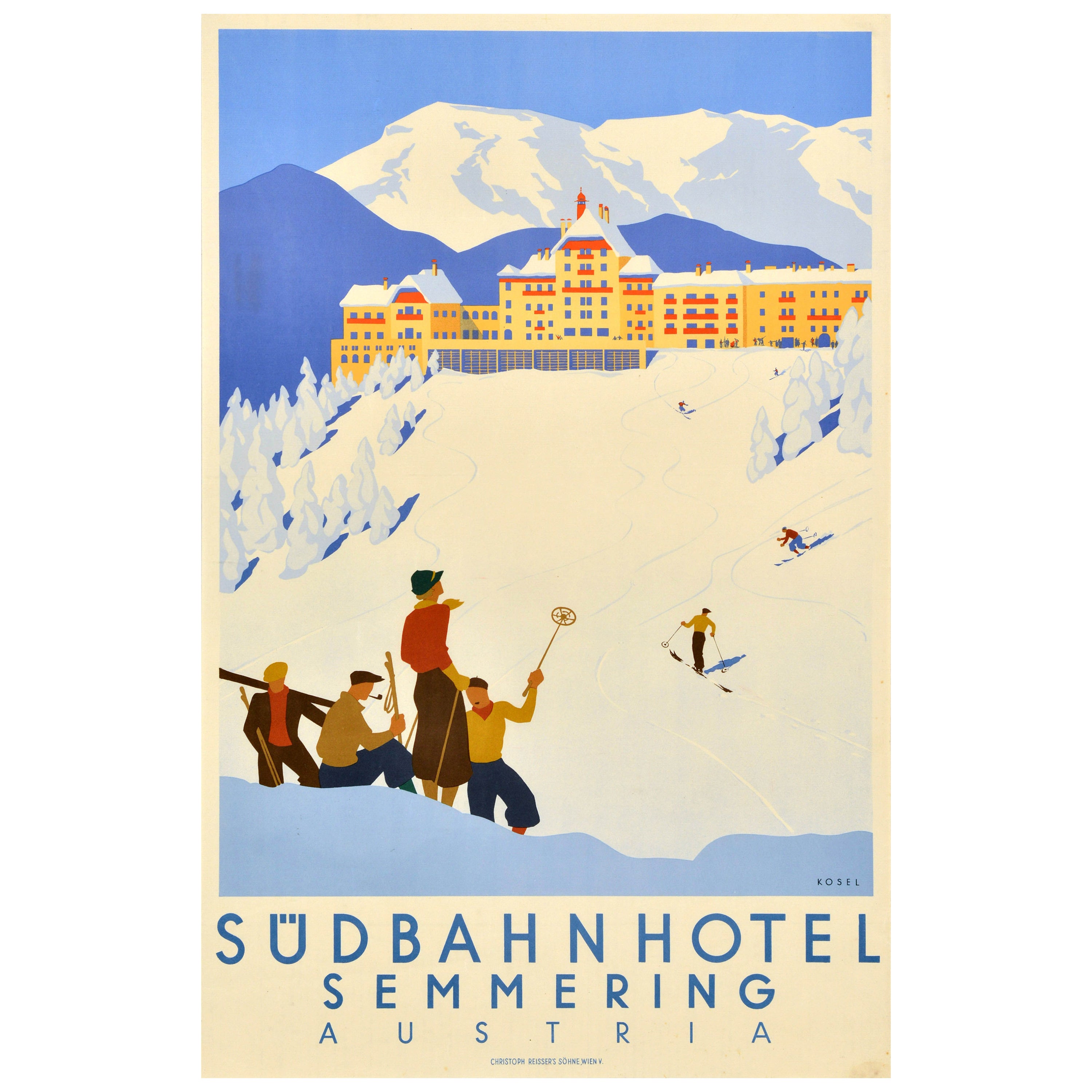 Affiche publicitaire vintage originale de voyage Sudbahn Hotel Semmering Ski Art Déco en vente