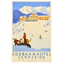 Original Vintage-Reise-Werbeplakat Sudbahnhotel, schimmernder Ski, Art déco, Art déco