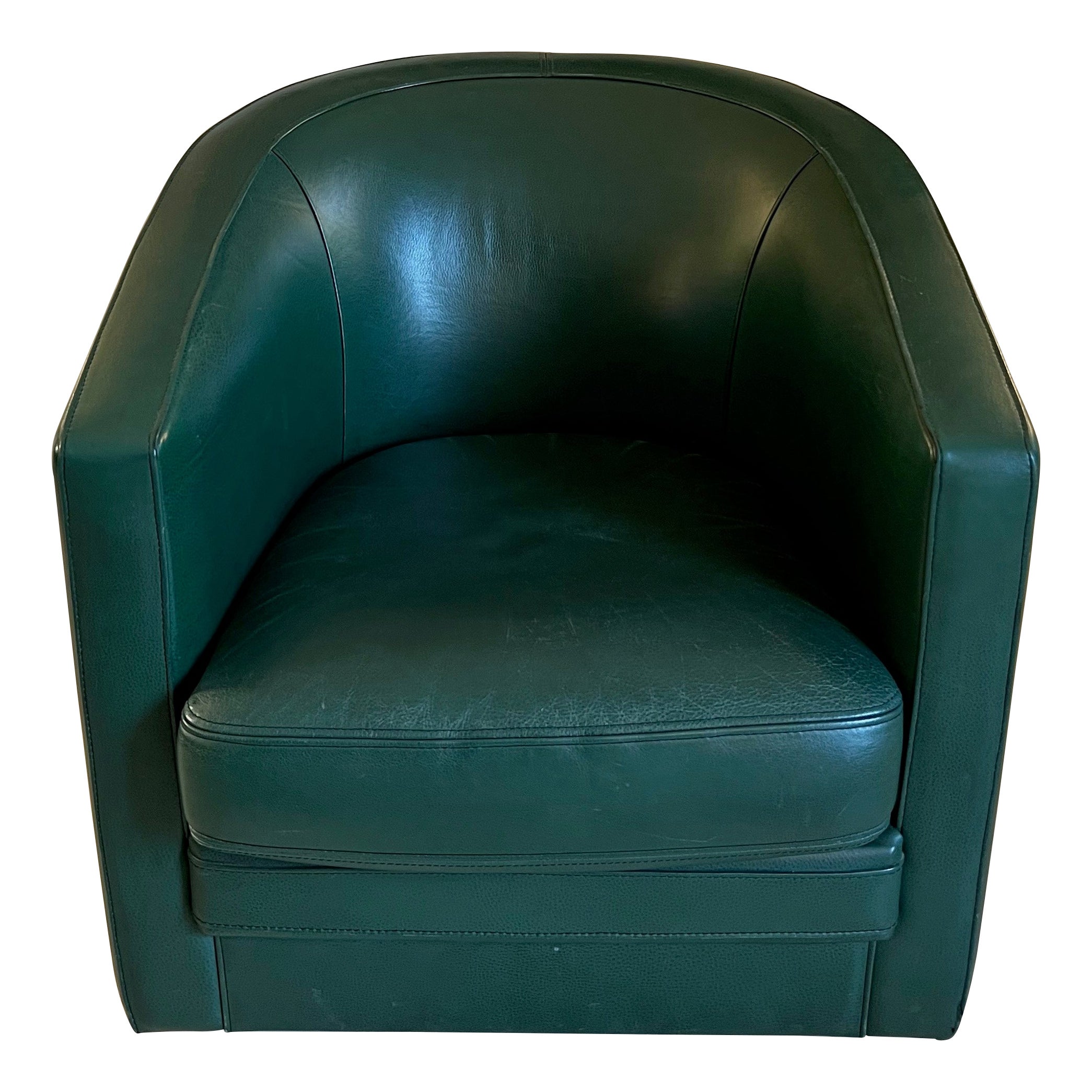 Art Deco Style Swivel Green Leather Club Armchair. Circa 1980 For Sale