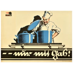 Original Antique Advertising Poster Gas Chef Cast Iron Cooking Pot Kitchen