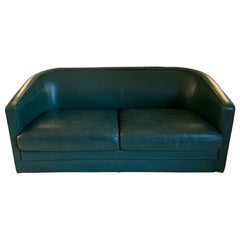 Vintage Art Deco Style Green Leather Three Seats Sofa. Circa 1980