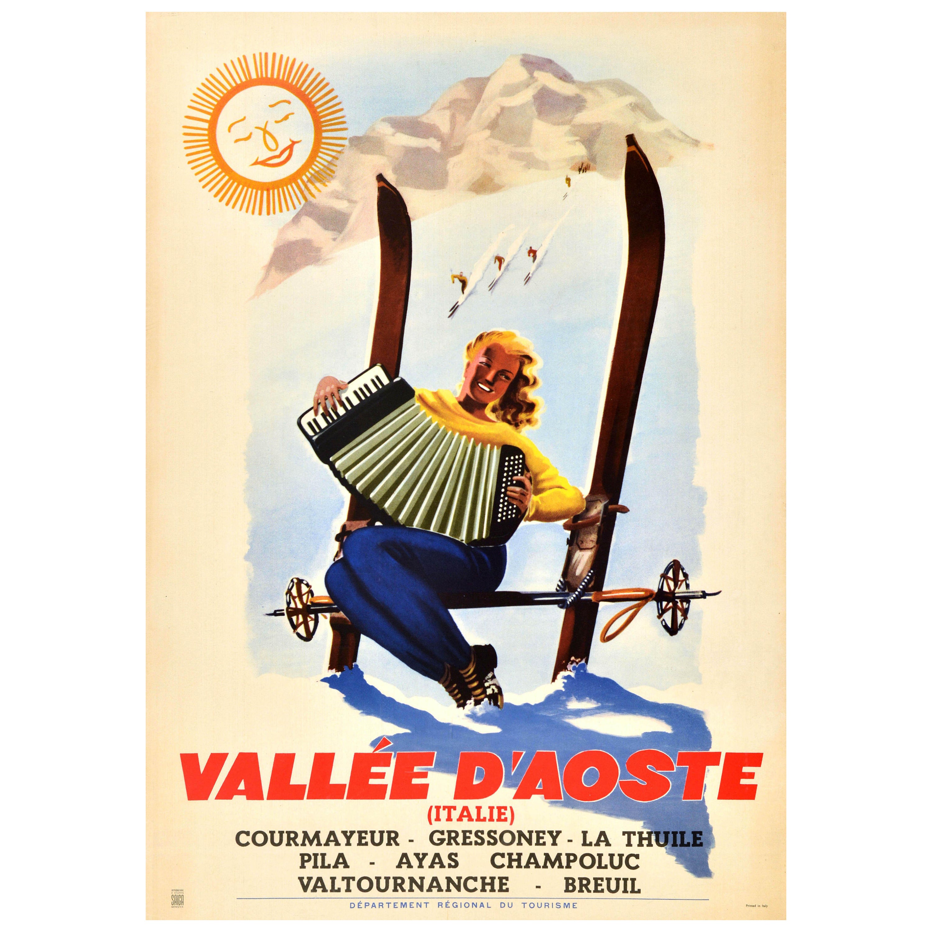 Affiche rétro originale de voyage, Vallee D'Aoste, Italie, Aosta, Ski en vente