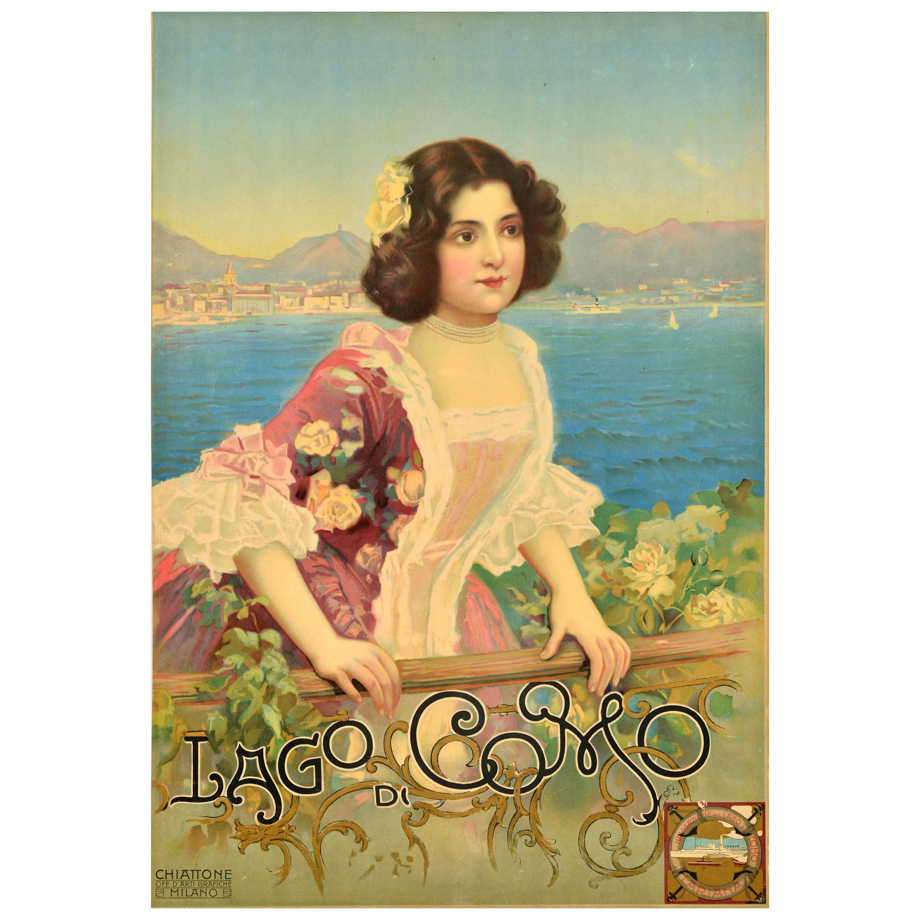 Original Antique Travel Poster Lago Di Como Lake Lariana Italy Belle Epoque For Sale