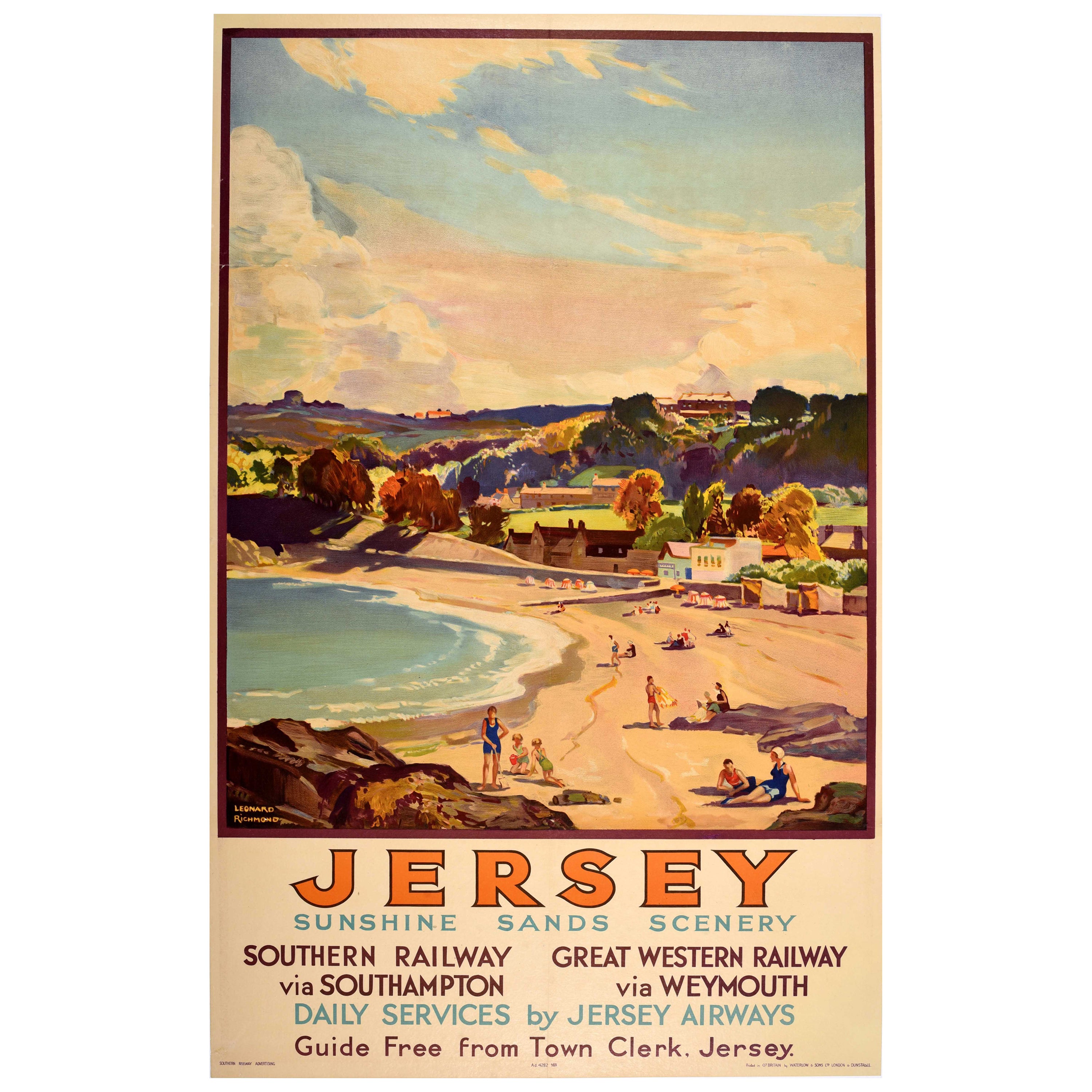 Affiche de voyage vintage originale Jersey Island Sunshine Art Deco Leonard Richmond en vente