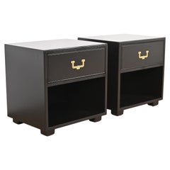 Henredon Hollywood Regency Black Lacquered Campaign Nightstands, Refinished