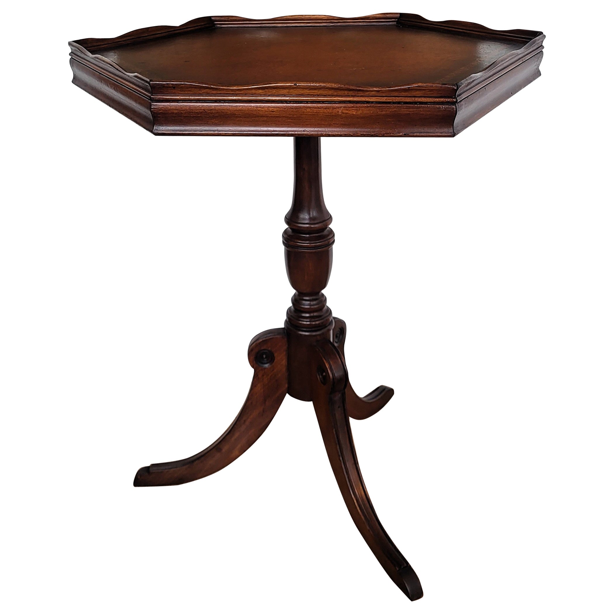 Antique Italian Hexagonal Walnut Side Table Gilt-Frame Leather and Tripod Legs For Sale