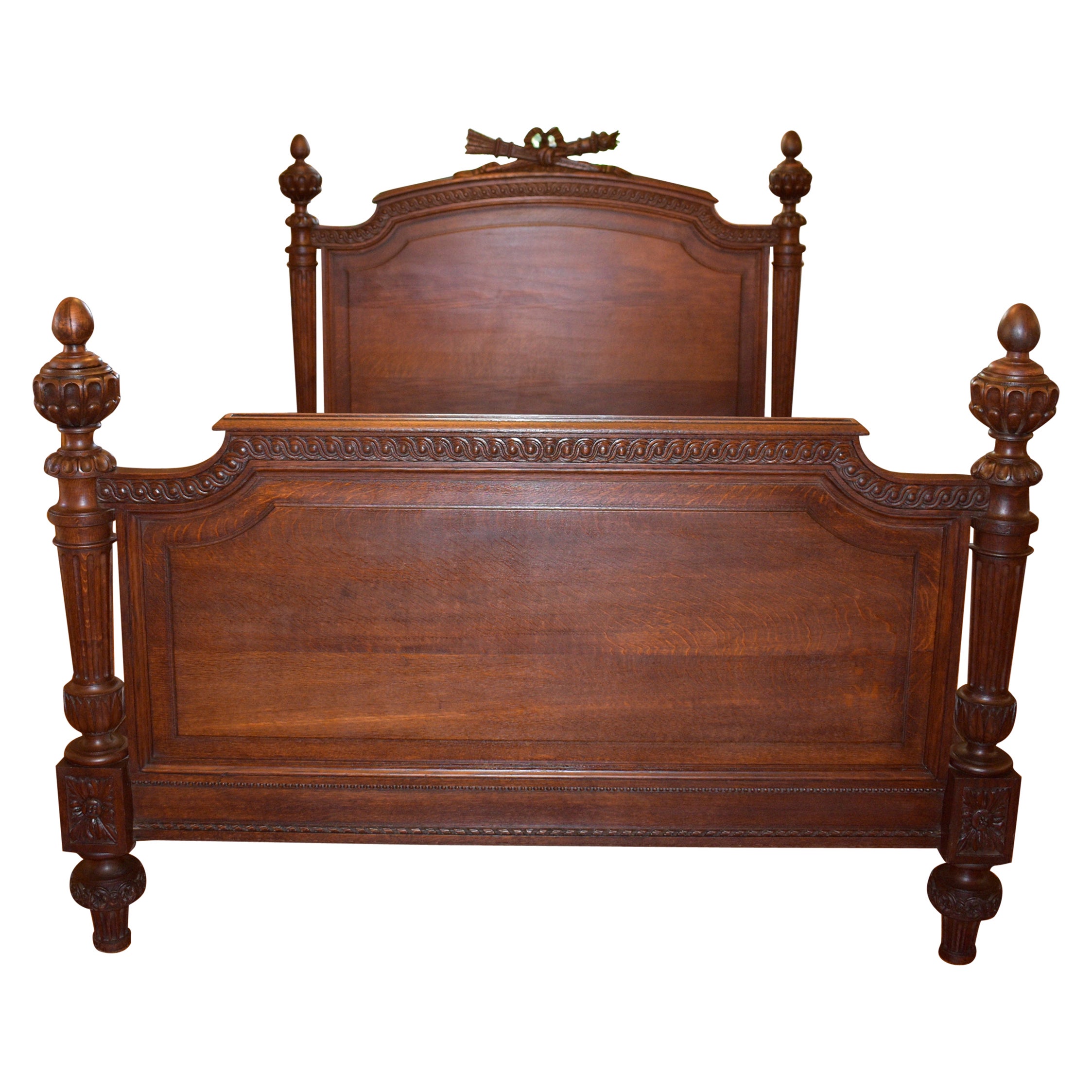 Antique French Oak Double Bed with Headboard, Side Rails and Slats For Sale
