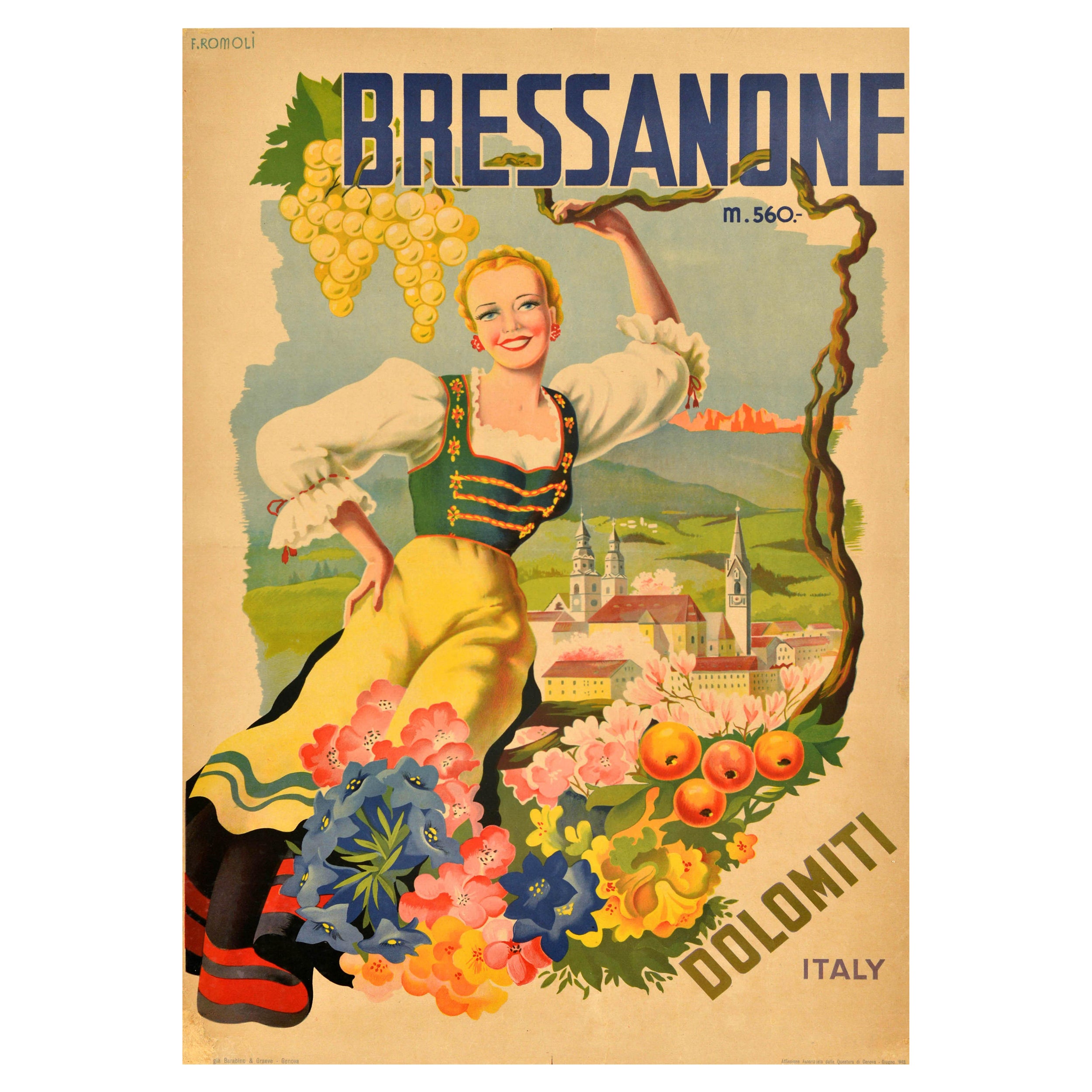 Original Vintage Travel Poster Brixen Bressanone Dolomiti Dolomites Tyrol Italy For Sale