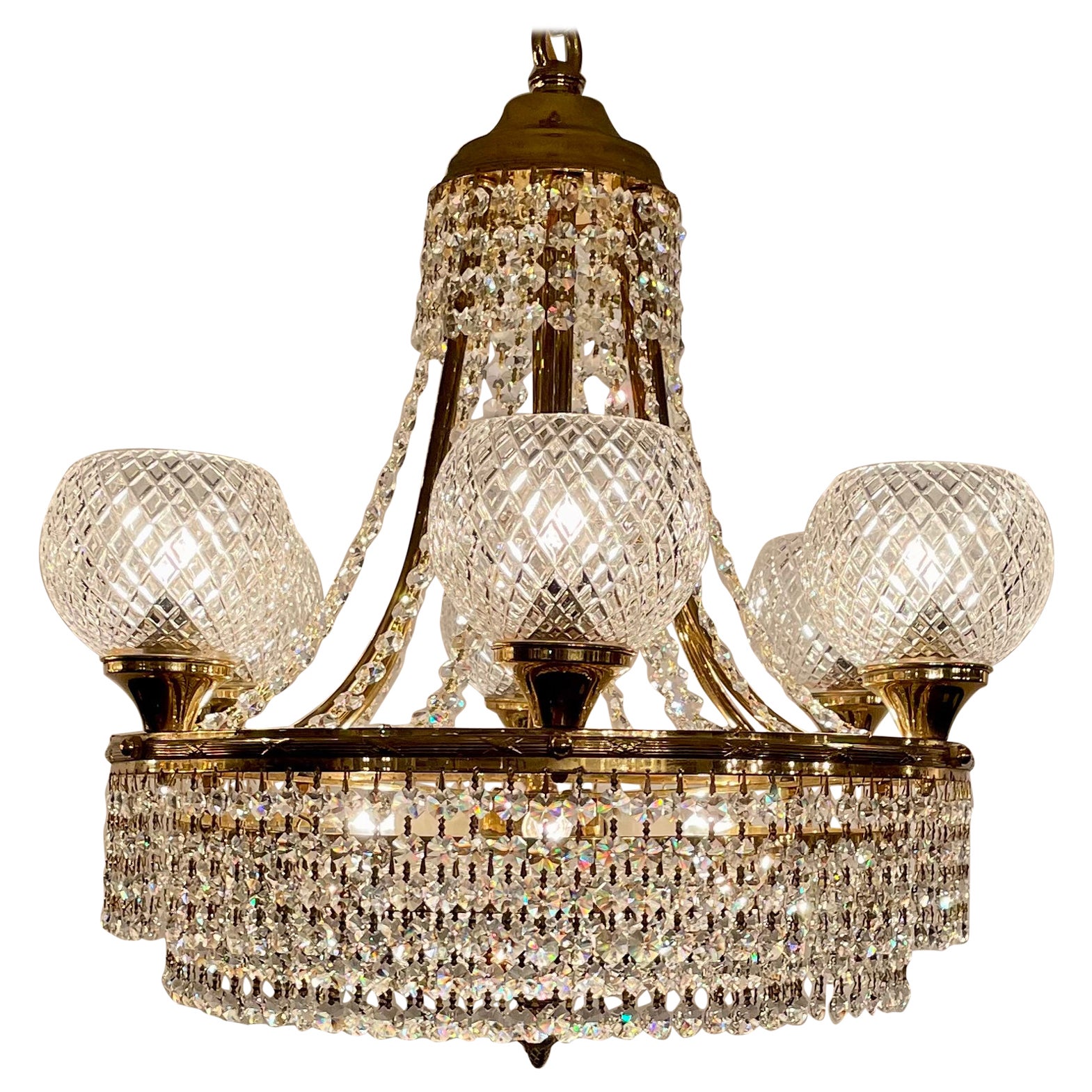Antique Art Deco Cut Crystal and Gold Bronze Chandelier, Circa 1940.