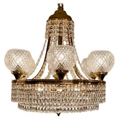 Vintage Art Deco Cut Crystal and Gold Bronze Chandelier, Circa 1940.