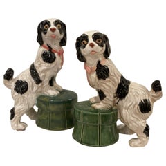 Large Pair of Vintage Staffordshire Style Spaniel Dogs on Tufted Ottomans