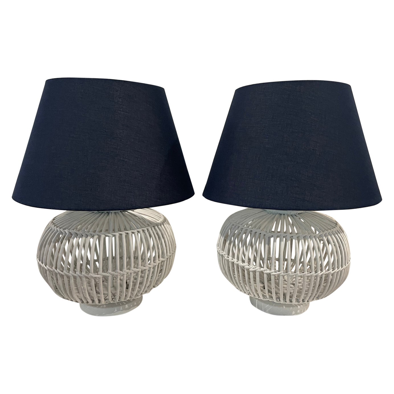 Lauren Ralph Lauren White Rattan Table Lamps With Navy Shades - a Pair For Sale