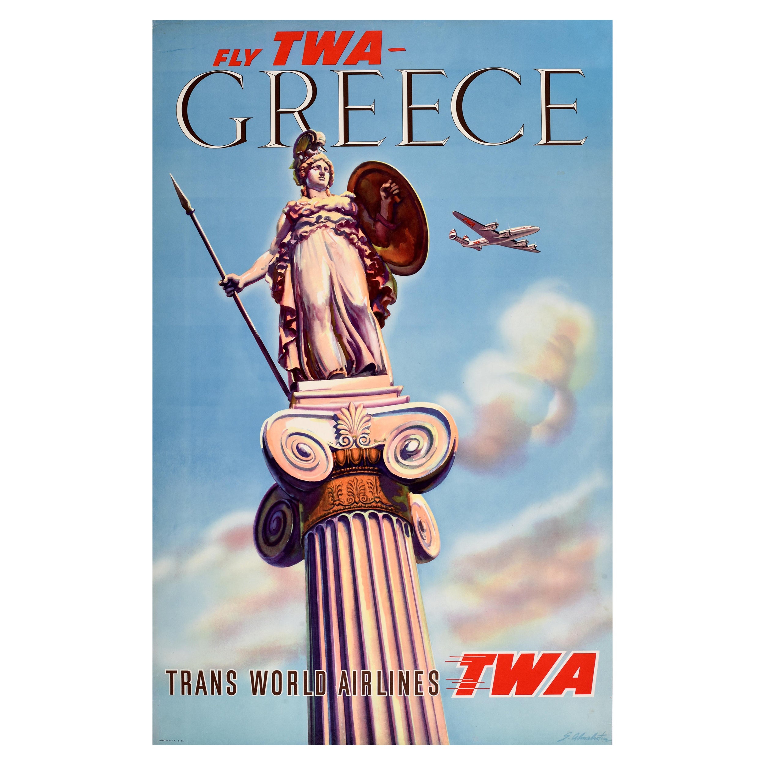 Affiche rétro originale de voyage Grèce Fly TWA Airlines Lockheed Constellation en vente