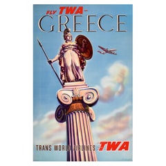 Original Vintage Travel Poster Greece Fly TWA Airlines Lockheed Constellation
