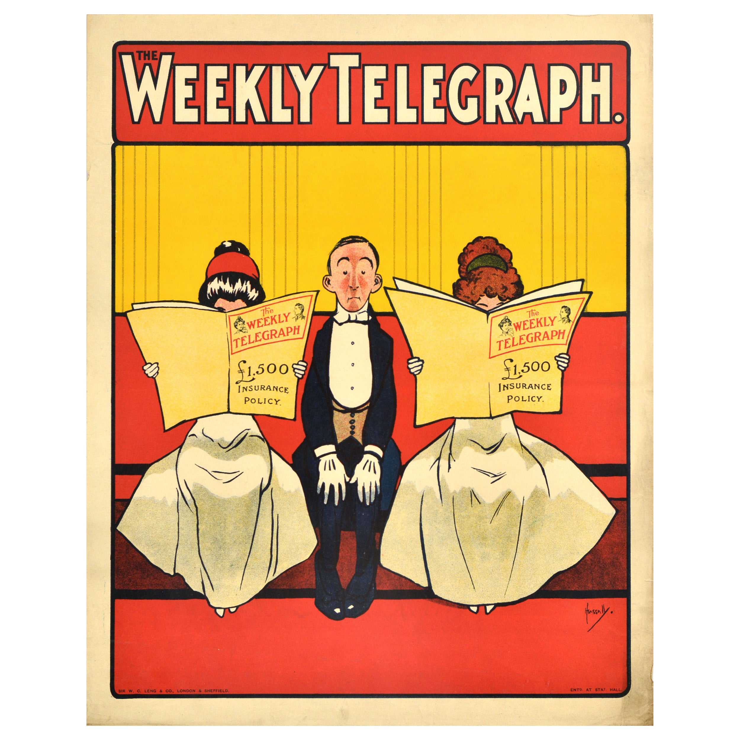 Original Antique Newspaper Advertising Poster The Weekly Telegraph Insurance For Sale