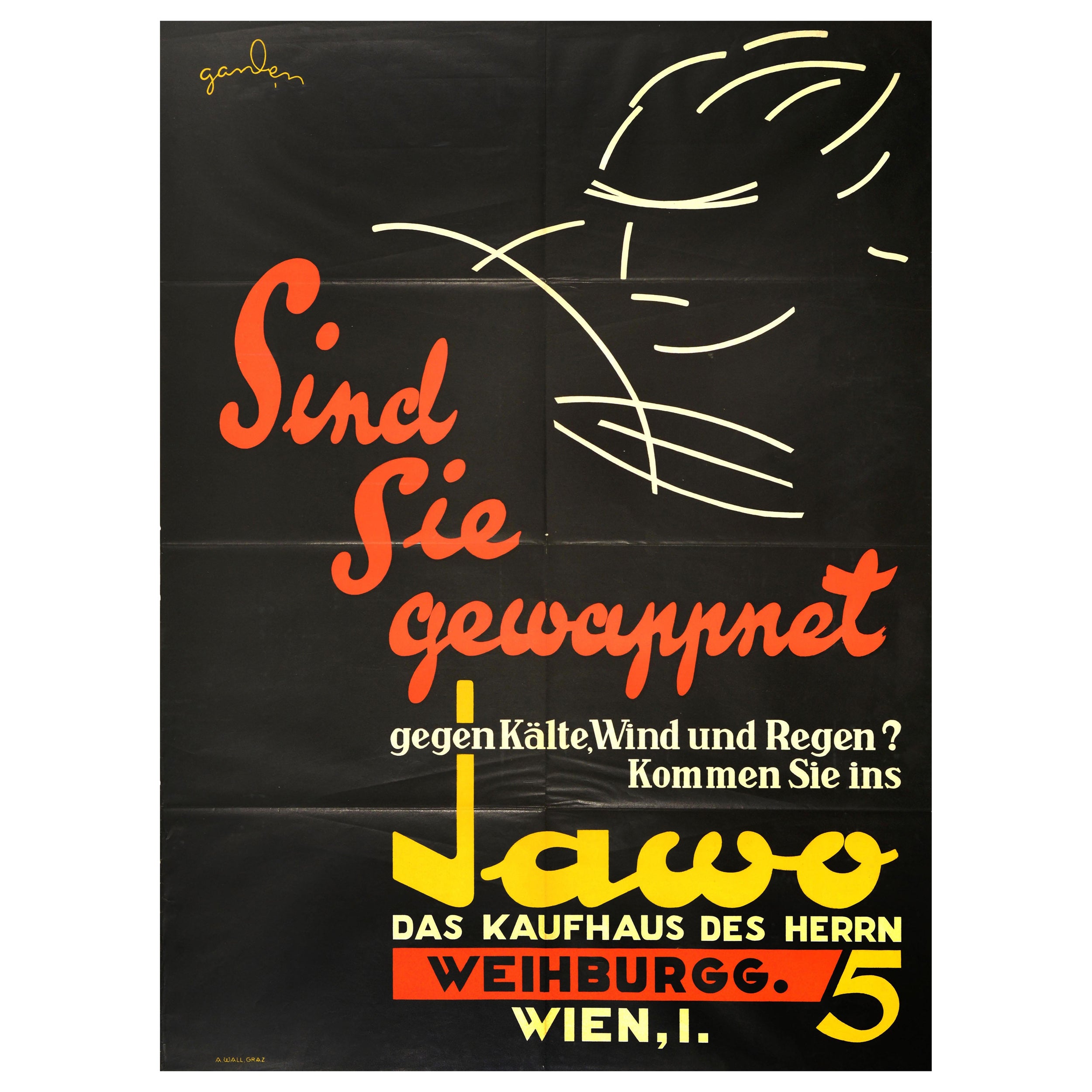Affiche publicitaire originale de mode vintage Jawo Gentlemens Department Store