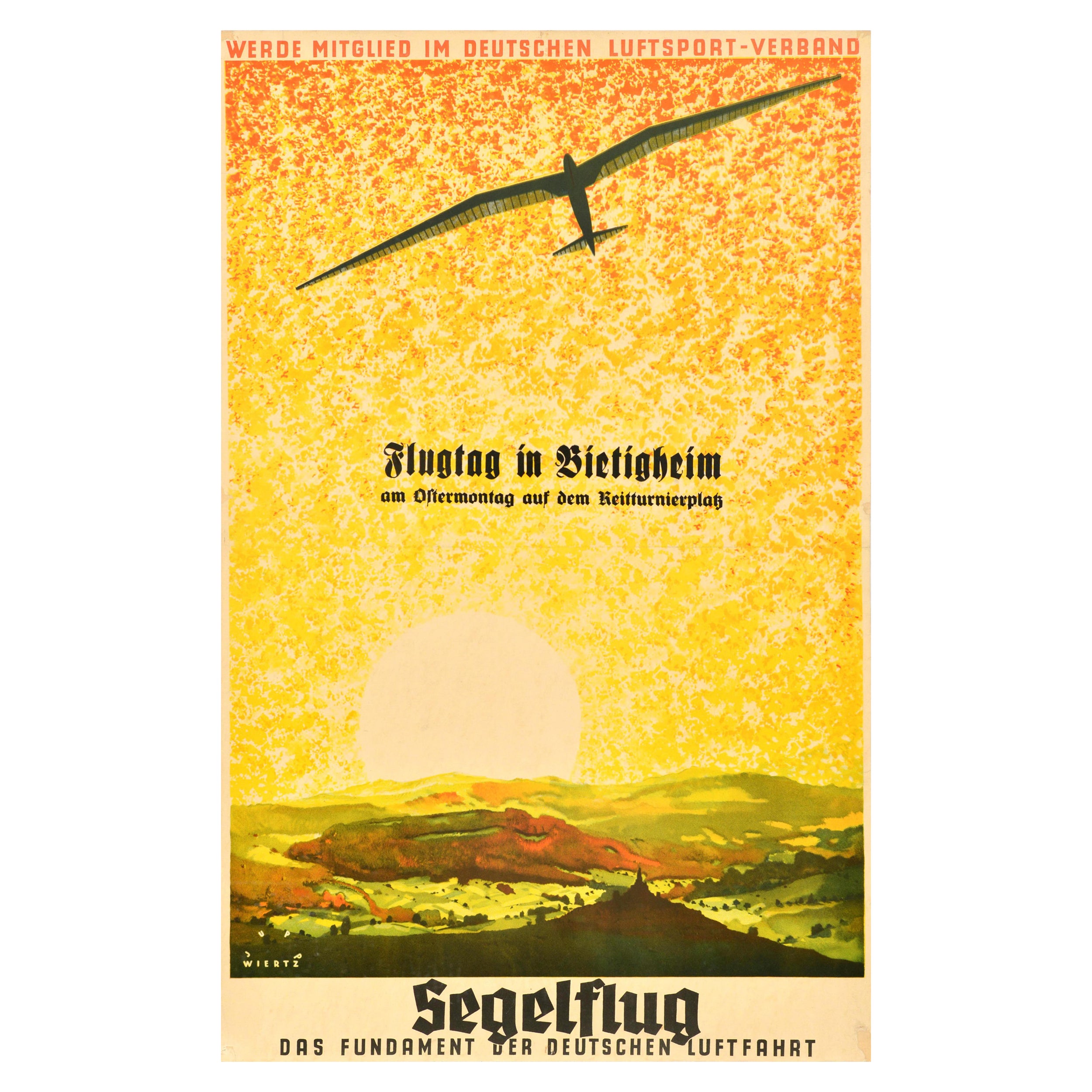 Póster deportivo original de época Segelflug Planeador Aviación alemana Jupp Wiertz