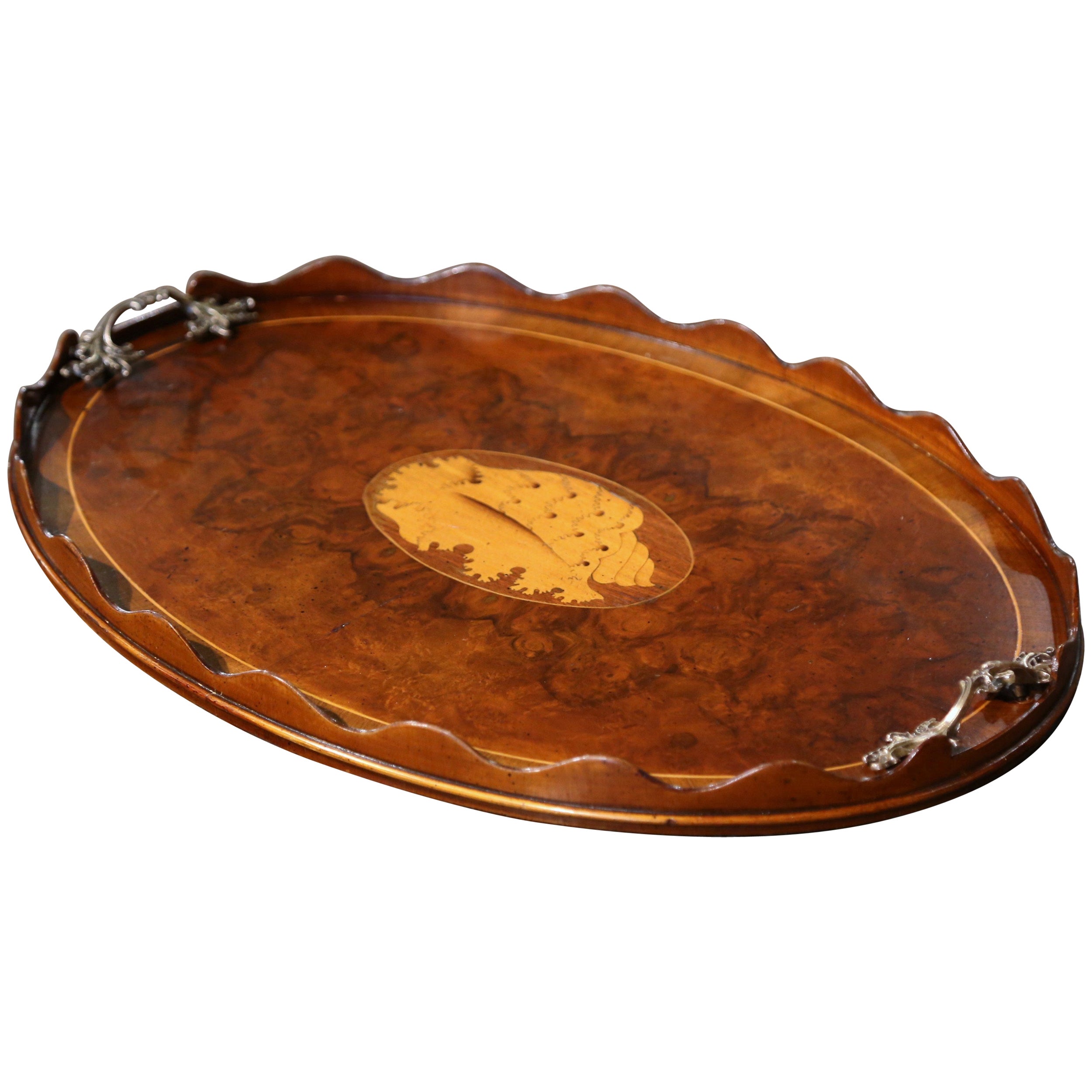 19th Century English Burl Walnut and Bronze Tray Table with Inlaid Shell Decor