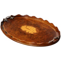 19th Century English Burl Walnut and Bronze Tray Table with Inlaid Shell Decor