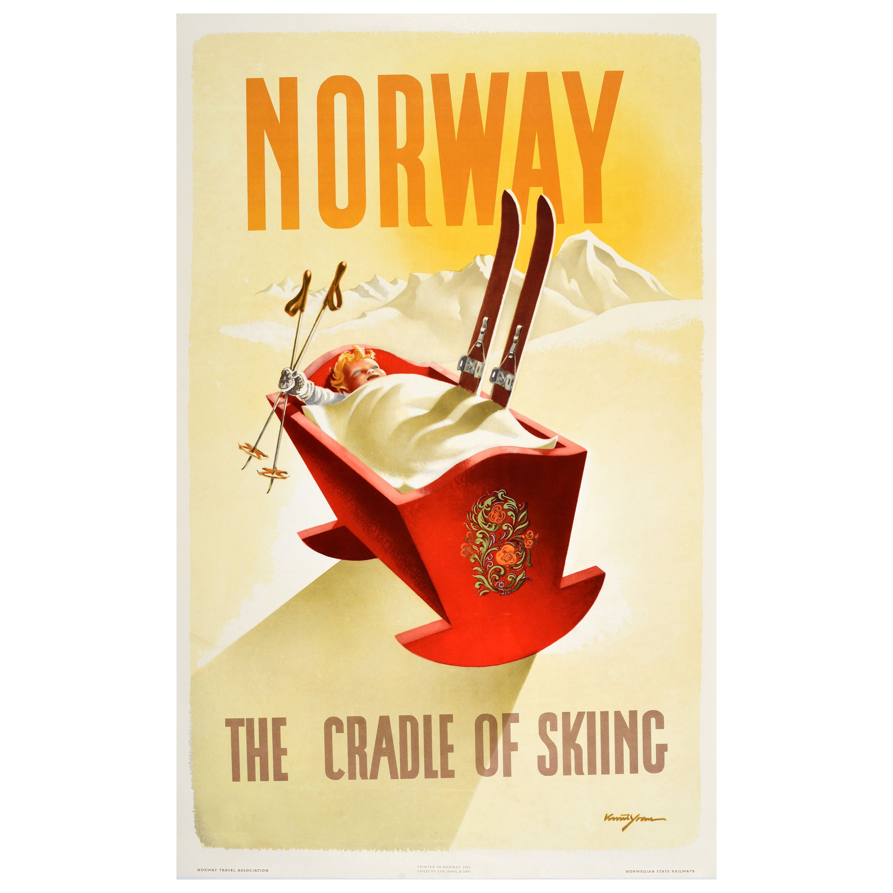Original Vintage Ski Travel Poster Norway Cradle Of Skiing Knut Yran Scandinavia For Sale