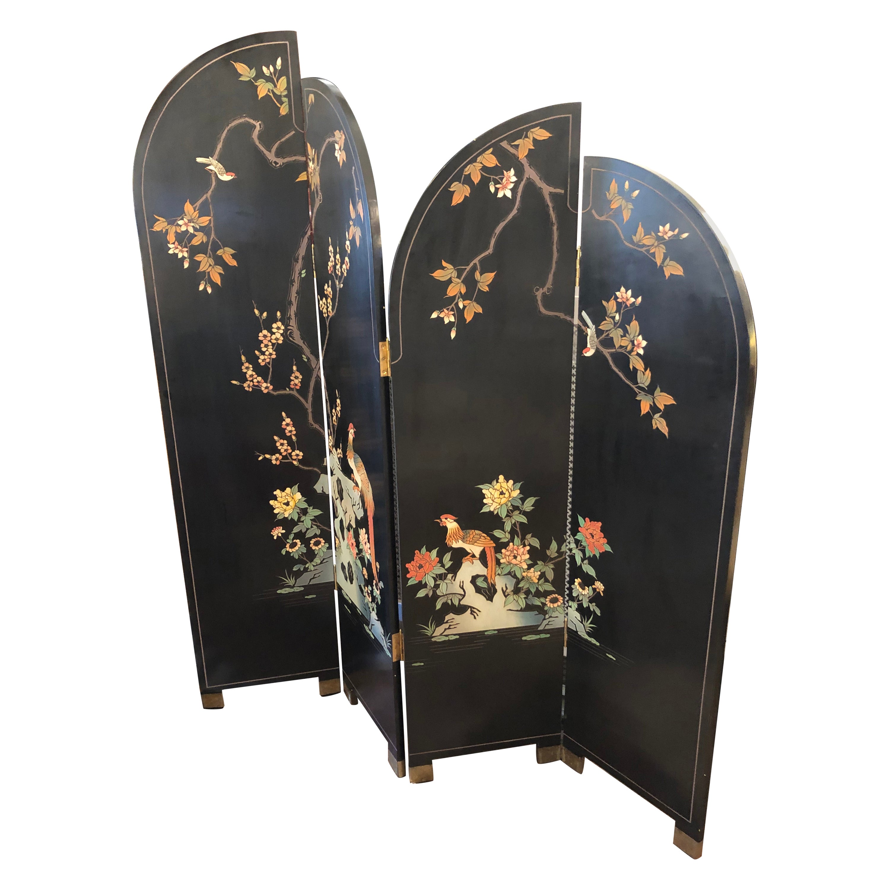 Chinese 4 Panel Coromandel Black Laquer Screen Room Divider For Sale