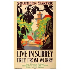 Original Vintage-Reiseplakat „ Live In Surrey Free From Worry Southern Electric“, Vintage