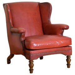 Vintage Italian Walnut and Leather Upholstered Wingchair, mid 20th century
