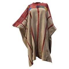 Retro South American Handwoven Textile Made into a Poncho in Ivory, Red, Blue