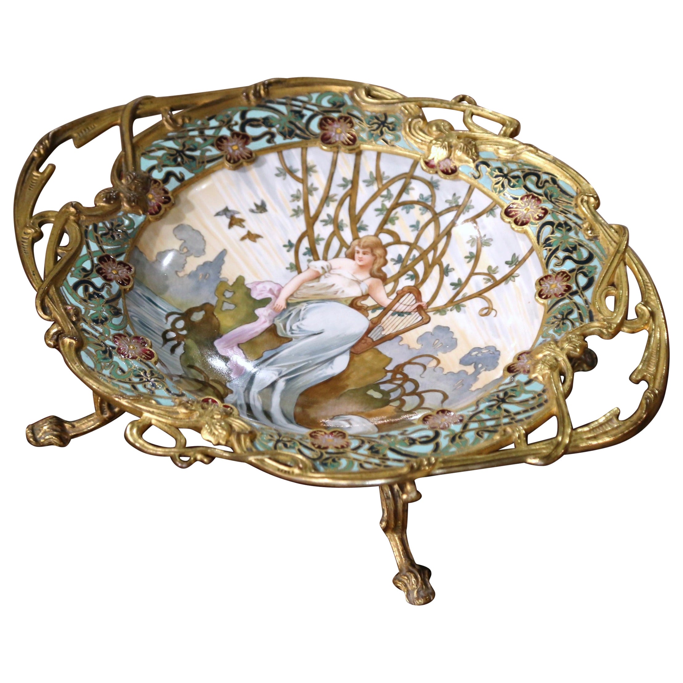 19th Century French Champlevé Enamel and Porcelain Centerpiece Signed Tisserand For Sale