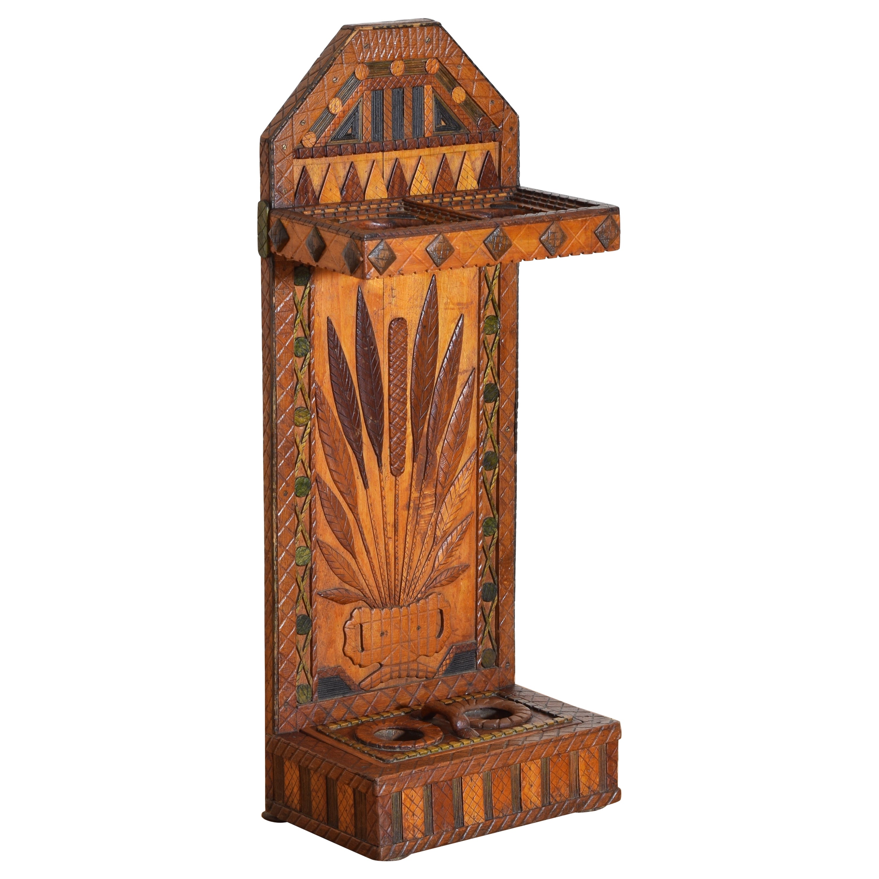 French Arts and Crafts Carved Pinewood and Painted Wood Umbrella Stand, ca. 1900