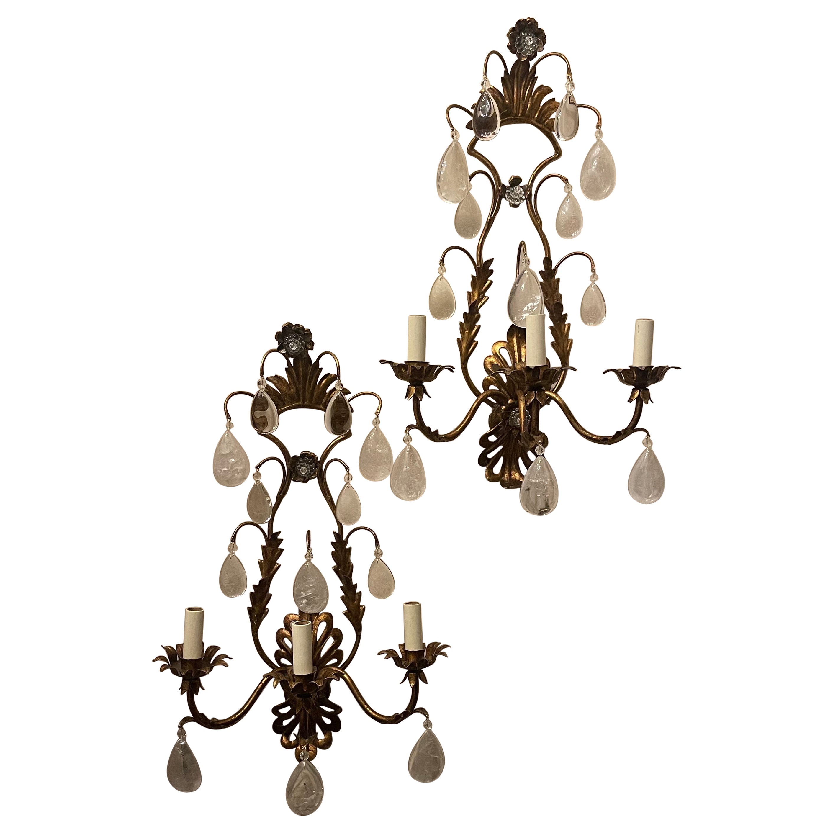 Fine Maison Baguès Large Rock Crystal Gold Gilt Tole Filigree Set Four Sconces