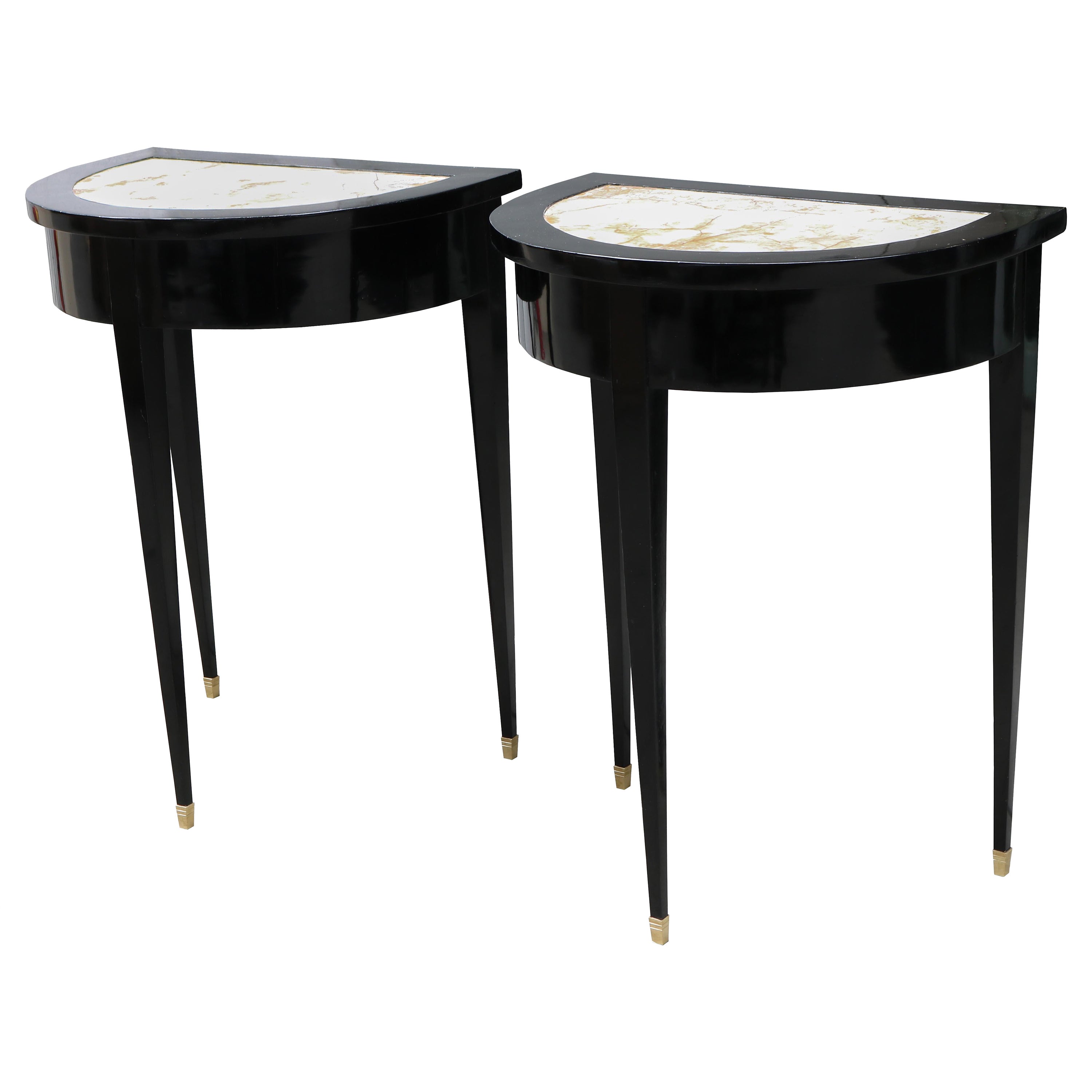 Pair of Ebonized Neoclassical Demi Lune Marble Top Consoles For Sale