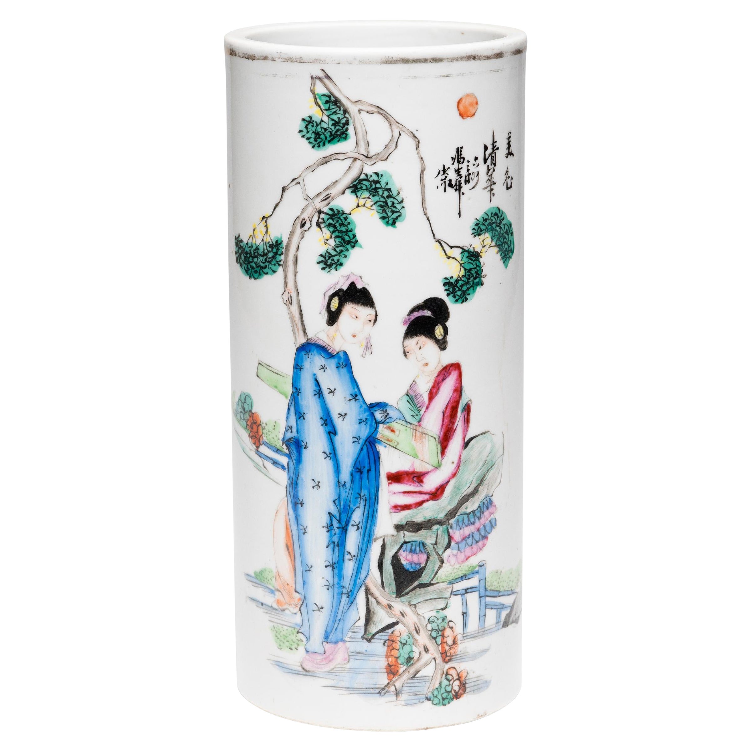 Chinese Enameled Hat Stand with Two Women, c. 1900 For Sale