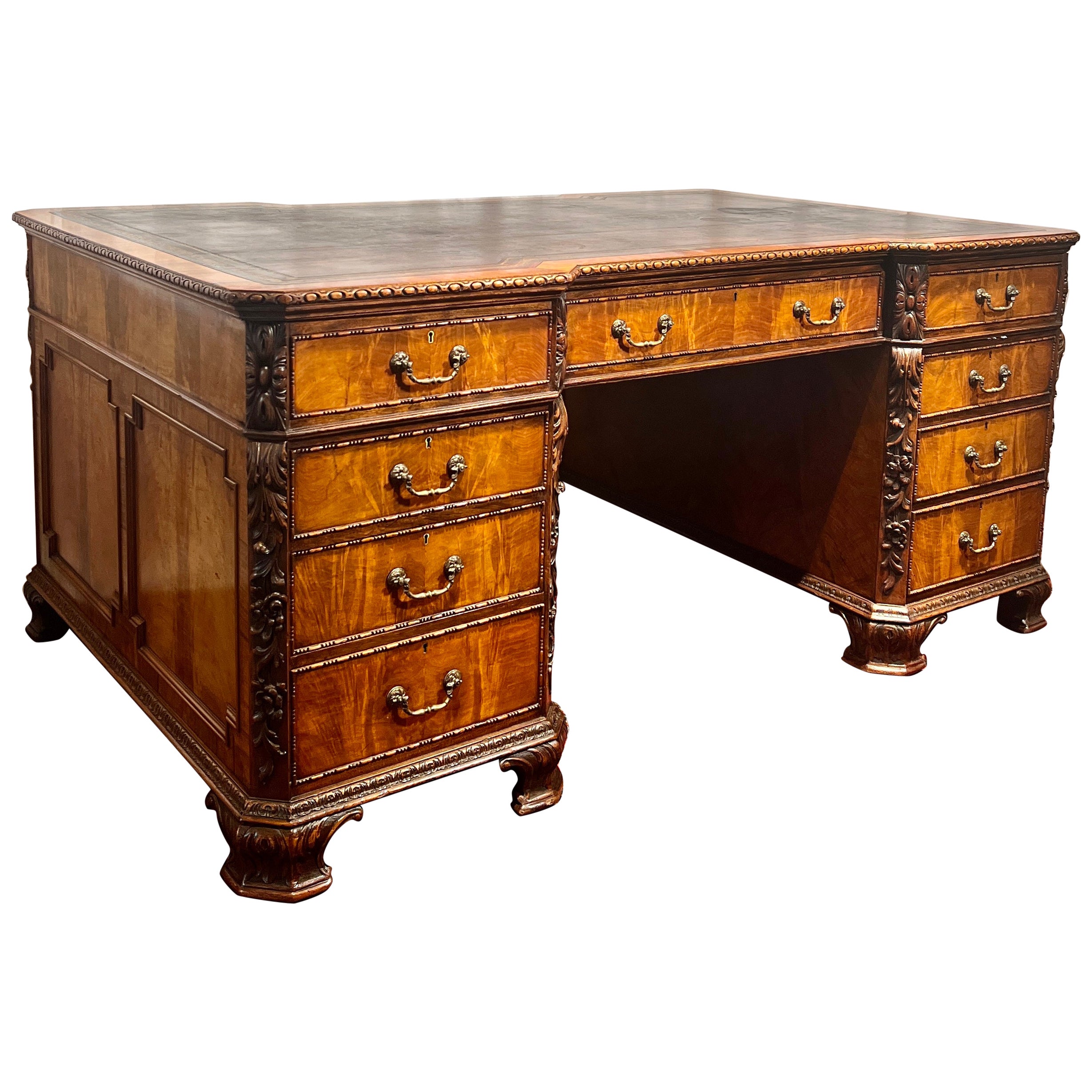 Antique English Chippendale Flamed Mahogany Partner's Desk, Circa 1880. For Sale