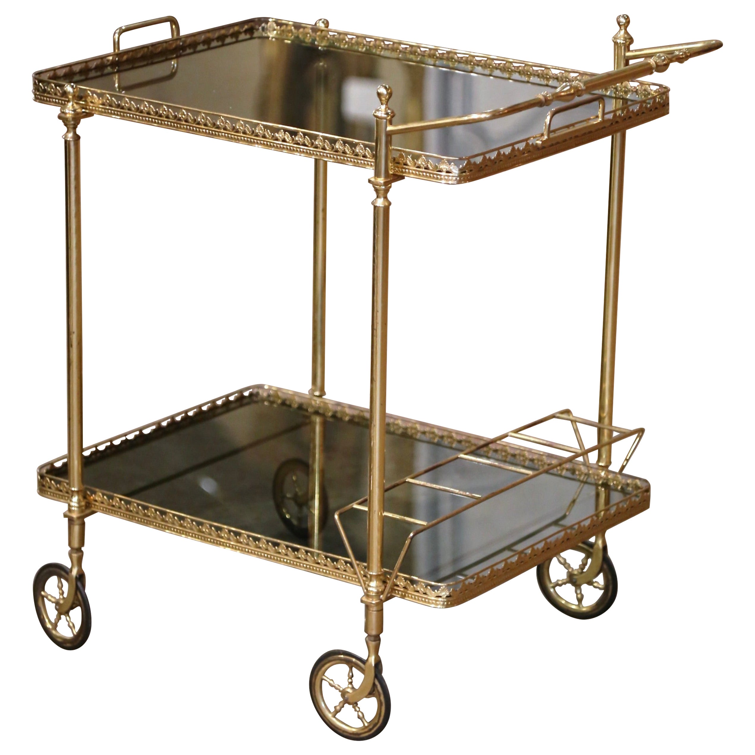 Mid-Century French Polished Brass Two-Tier Service Bar Cart on Wheels
