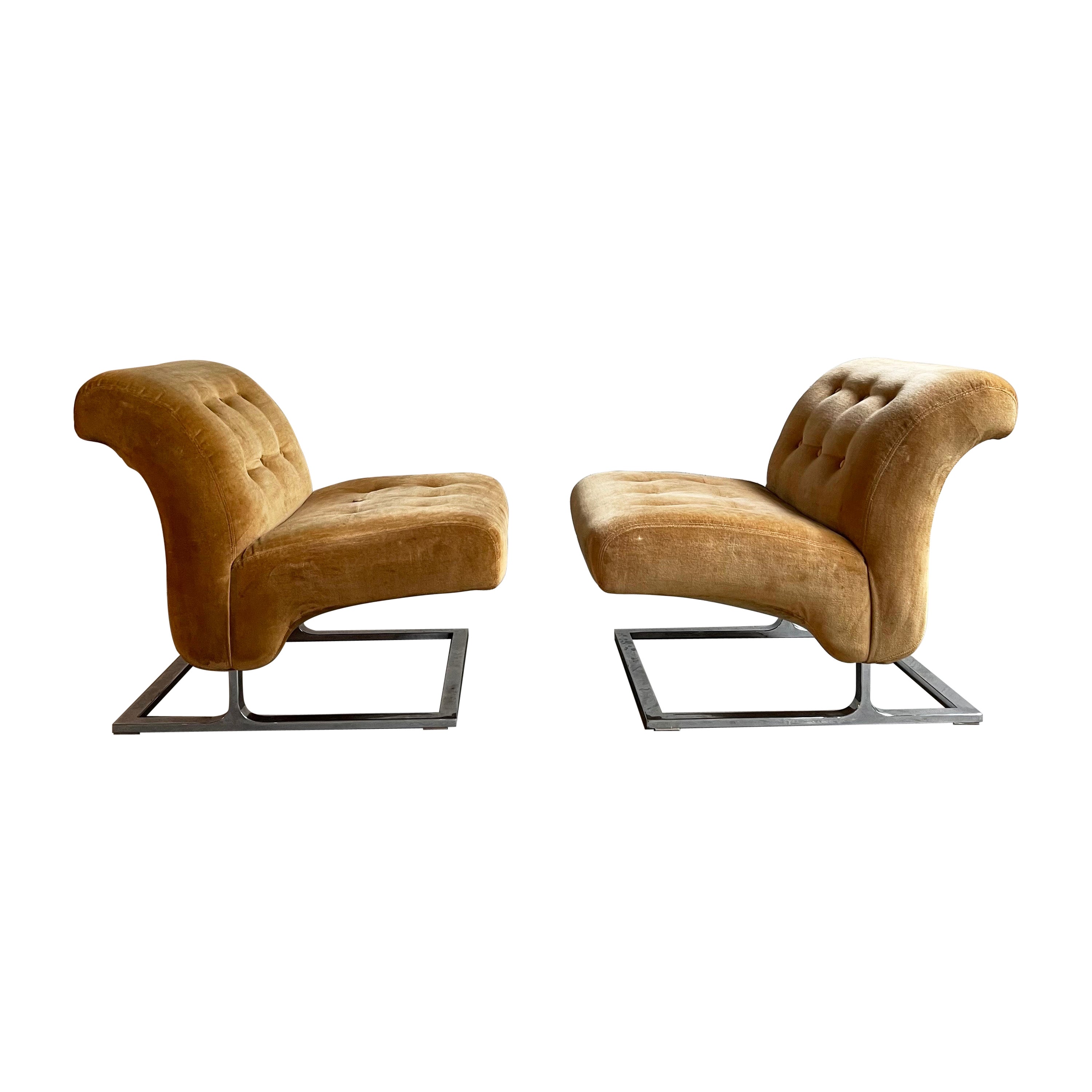 Pair Of Mid-Century Modern Chrome Cantilever Slipper Lounge Chairs