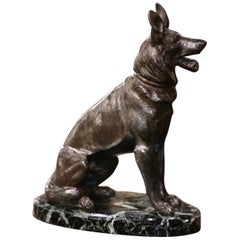 Vintage Mid-Century French Spelter German Shepherd Sculpture on Marble Base 