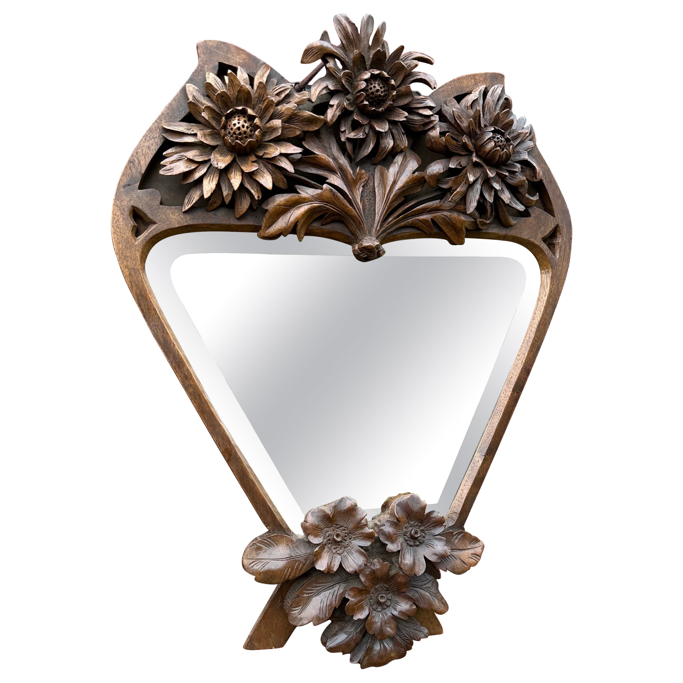 Rare Arts & Crafts Nutwood Wall or Table Mirror w. Hand Carved Blooming Flowers For Sale