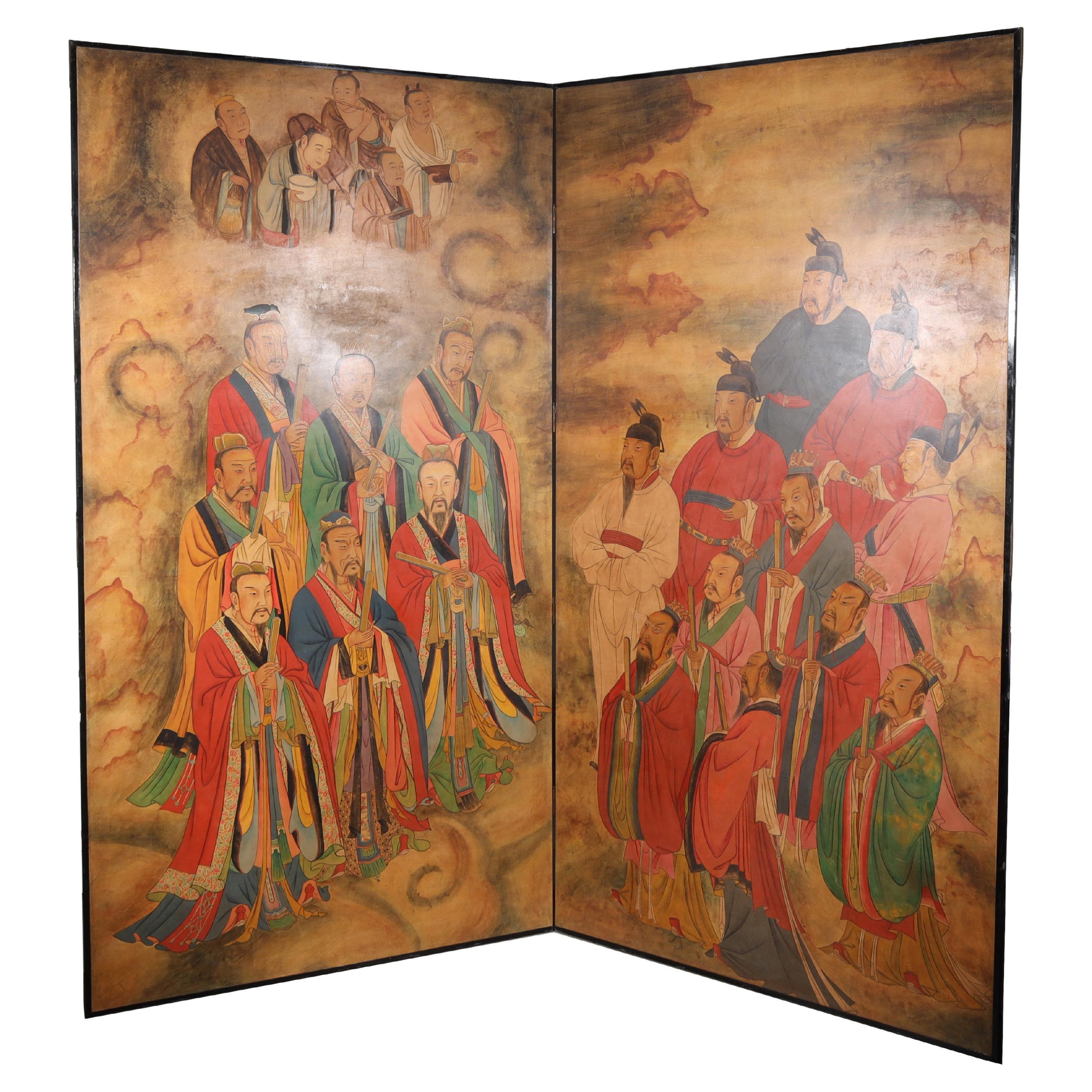 Japanese Chinese Asian Two-Panel Byobu Folding Screen Ancestral Immortal Figures For Sale