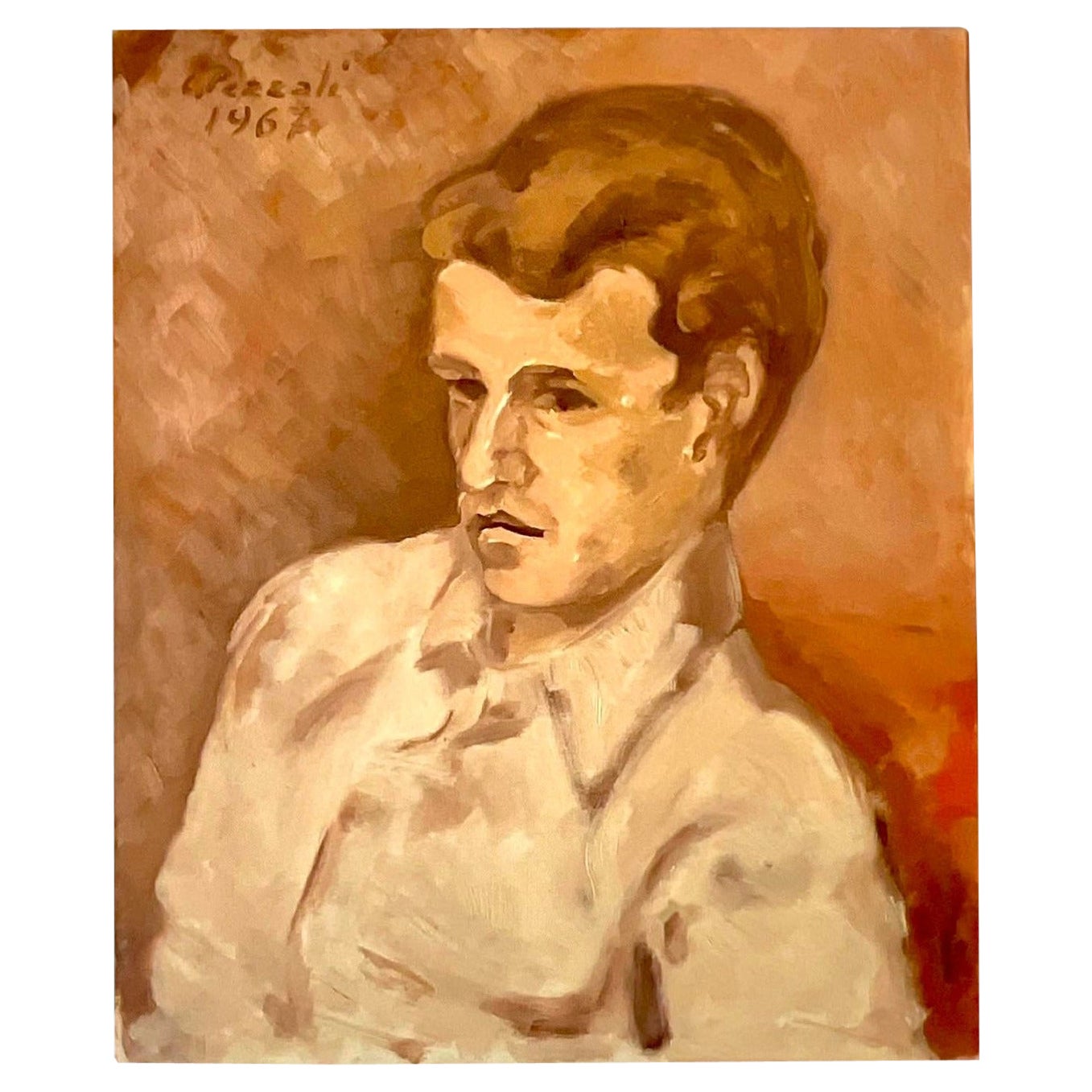 Vintage Expressionist Italian Signed Original Oil Portrait Painting 1962 For Sale