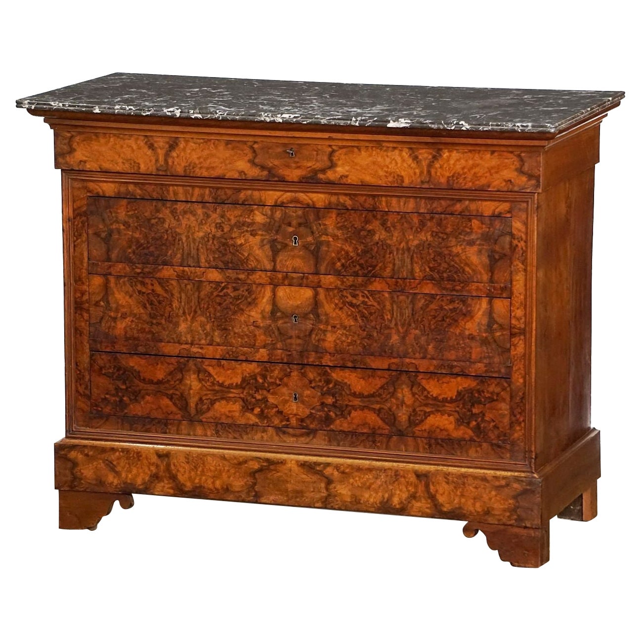 French Louis Philippe Chest or Commode of Burr Walnut with Marble Top  For Sale