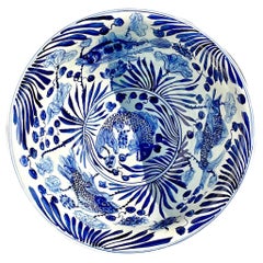 Vintage Asian Blue and White Fish Centerpiece Bowl