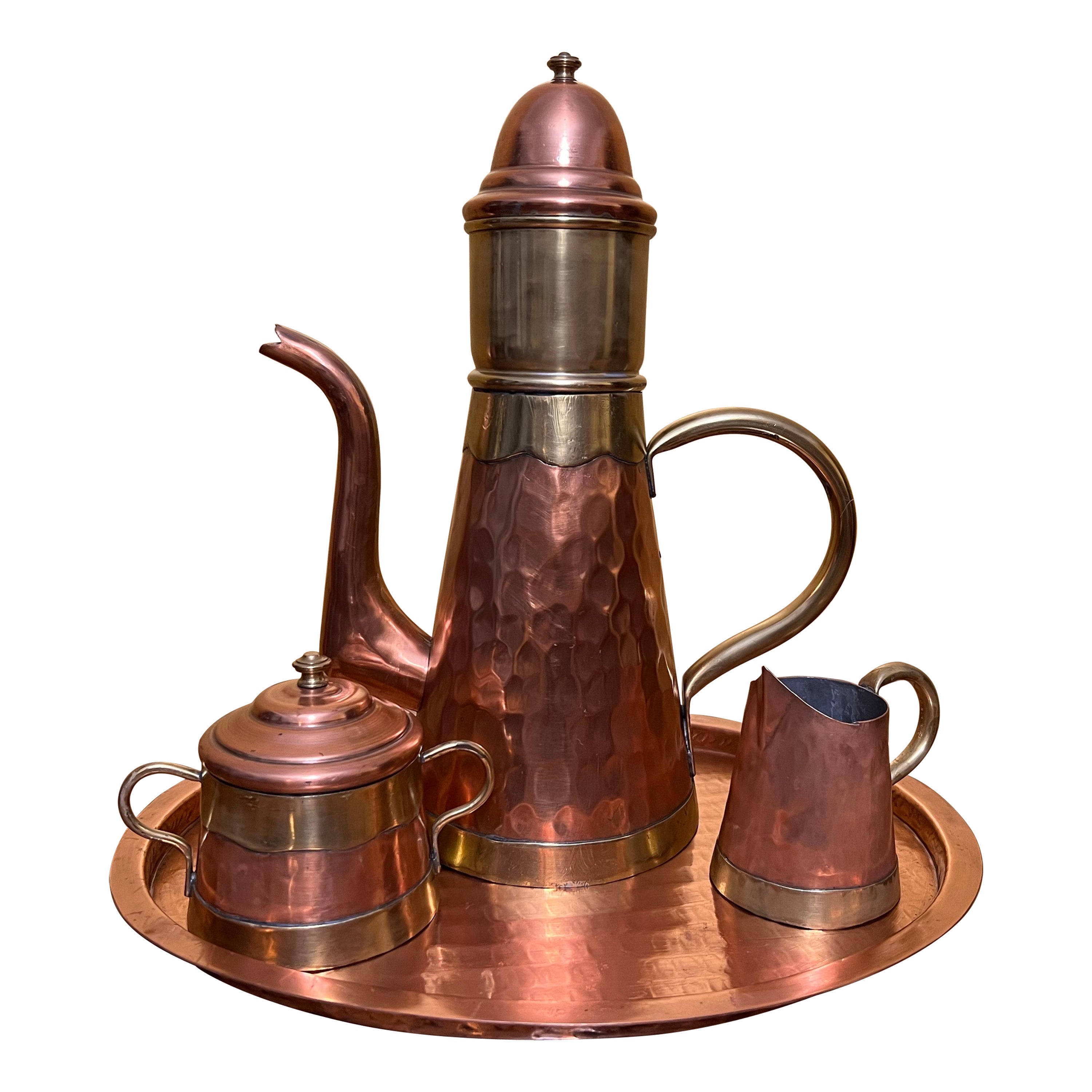 Vintage Four Piece Vebelux Copper & Hammered Brass Coffee Set For Sale