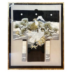 Japanese Hand-Painted and Embroidered Silk Kimono with Mt. Fuji Eagles, Framed