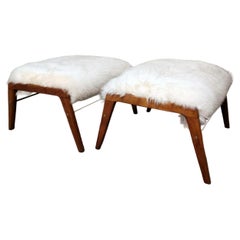 Vintage Pair Of Italian Benches With Mongolian Sheepskin