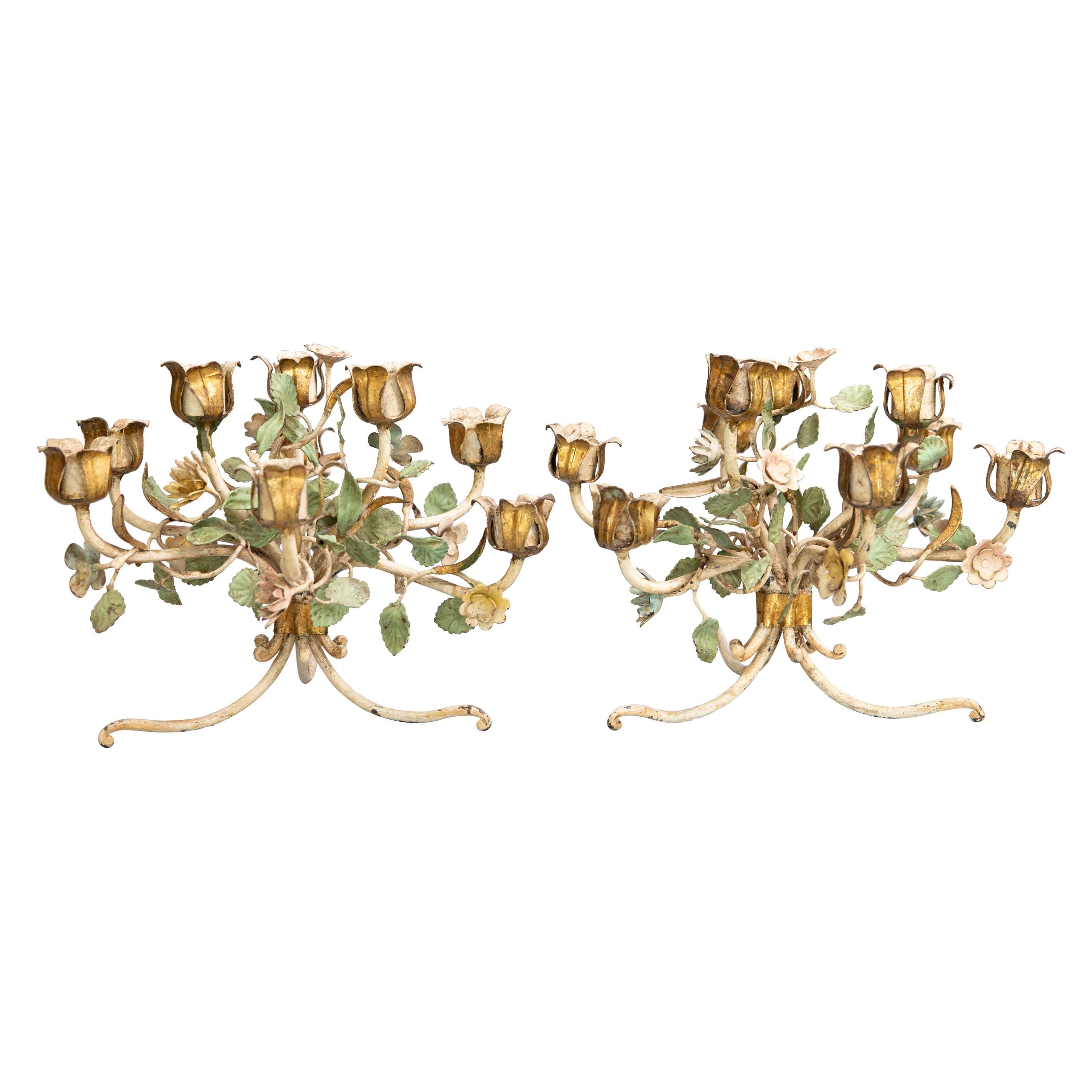 Pair of Italian Tole Floral Wildflowers Candelabras Centerpieces, circa 1950 For Sale